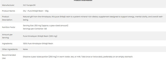 Oly Pure Shilajit Resin Powder състав и хранителни стойности