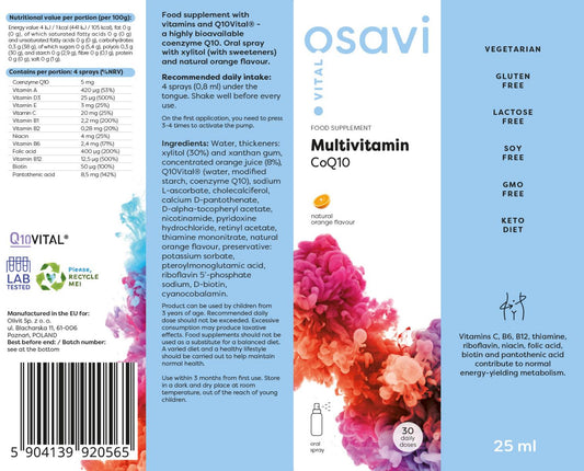 Osavi Multivitamin CoQ10 орален спрей състав и хранителни стойности
