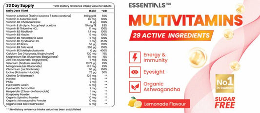 Swedish Essentials течни мултивитамини състав и хранителни стойности